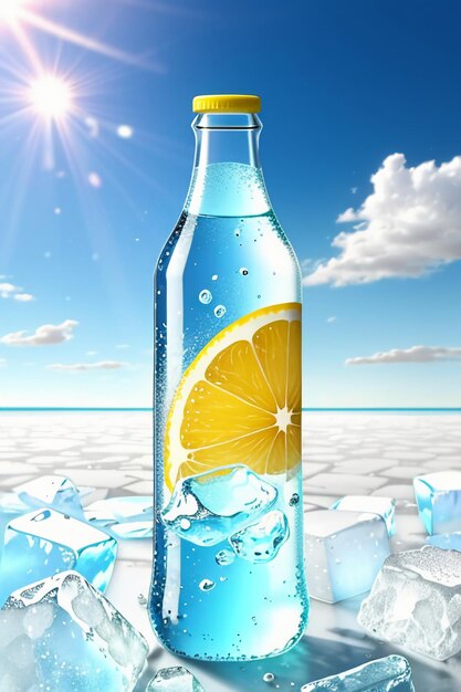 Icy lemon juice drink in glass cup advertising water drop splash special effect design wallpaper