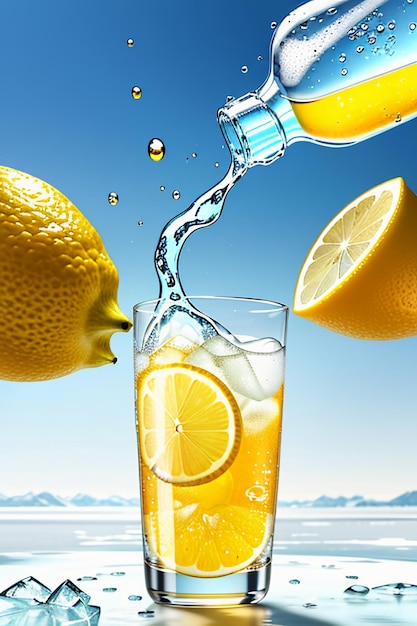 ガラスのコップで氷のレモン ジュースを飲む広告水滴スプラッシュ特殊効果デザインの壁紙