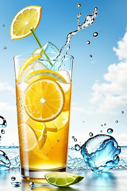 Icy lemon juice drink in glass cup advertising water drop splash special effect design wallpaper