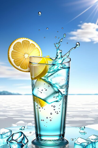 Icy lemon juice drink in glass cup advertising water drop splash special effect design wallpaper