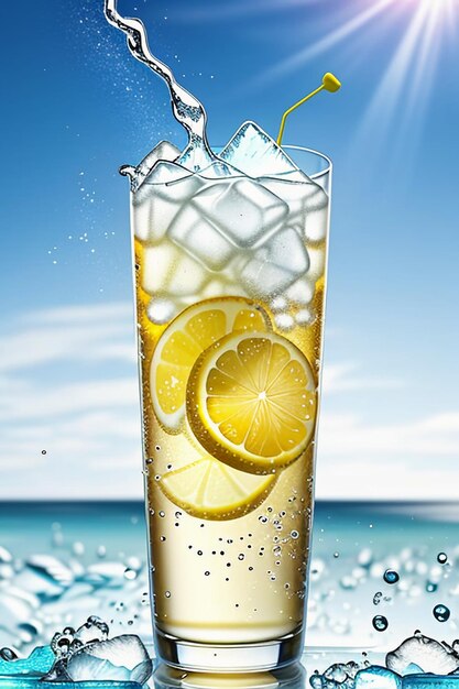 유리 컵 광고 물방울 스플래시 특수 효과 디자인 벽지에 얼음 레몬 주스 음료