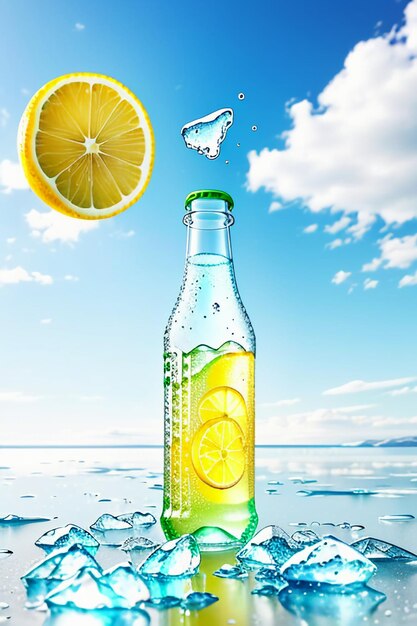 Icy lemon juice drink in glass cup advertising water drop splash special effect design wallpaper