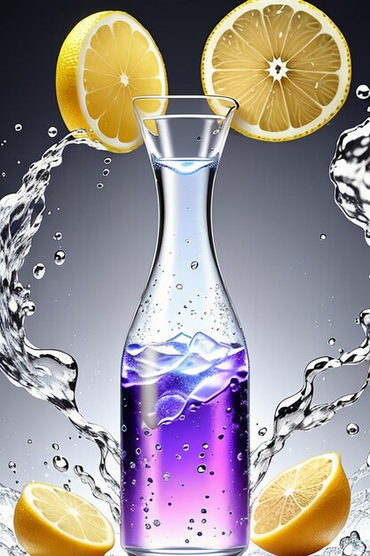 Icy lemon juice drink in glass cup advertising water drop splash special effect design wallpaper