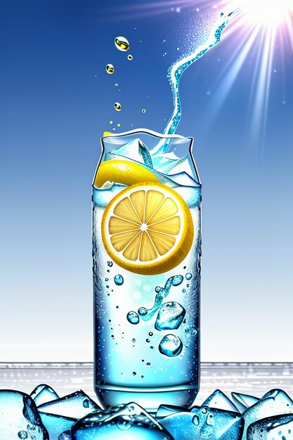 Icy lemon juice drink in glass cup advertising water drop splash special effect design wallpaper