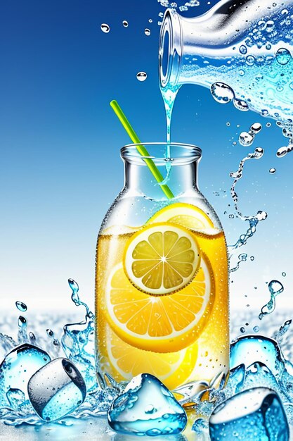 Icy lemon juice drink in glass cup advertising water drop splash special effect design wallpaper