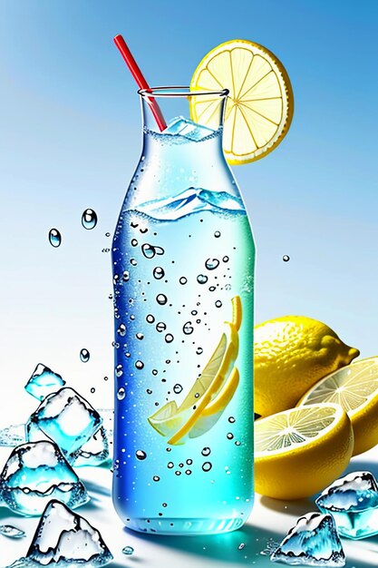 Icy lemon juice drink in glass cup advertising water drop splash special effect design wallpaper