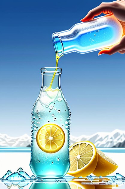 Icy lemon juice drink in glass cup advertising water drop splash special effect design wallpaper