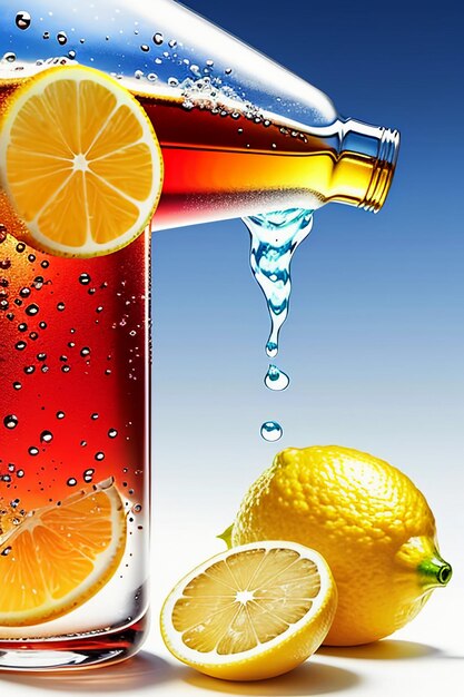 Icy lemon juice drink in glass cup advertising water drop splash special effect design wallpaper