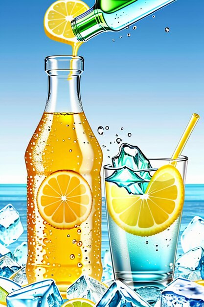 Icy lemon juice drink in glass cup advertising water drop splash special effect design wallpaper