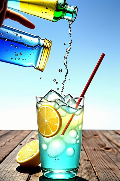 Photo icy lemon juice drink in glass cup advertising water drop splash special effect design wallpaper