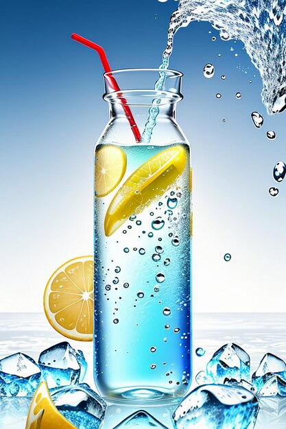 Icy lemon juice drink in glass cup advertising water drop splash special effect design wallpaper