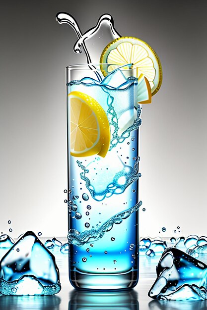 Photo icy lemon juice drink in glass cup advertising water drop splash special effect design wallpaper