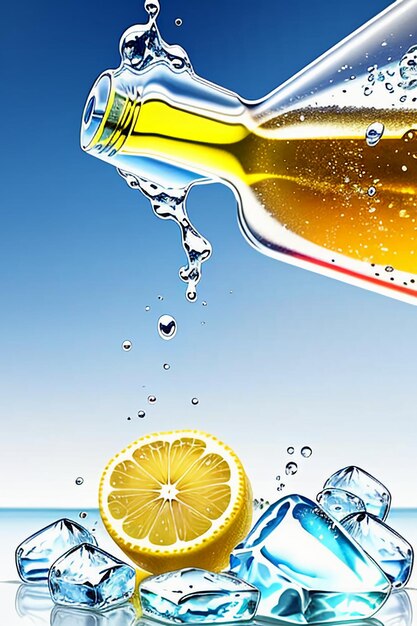 Icy lemon juice drink in glass cup advertising water drop splash special effect design wallpaper