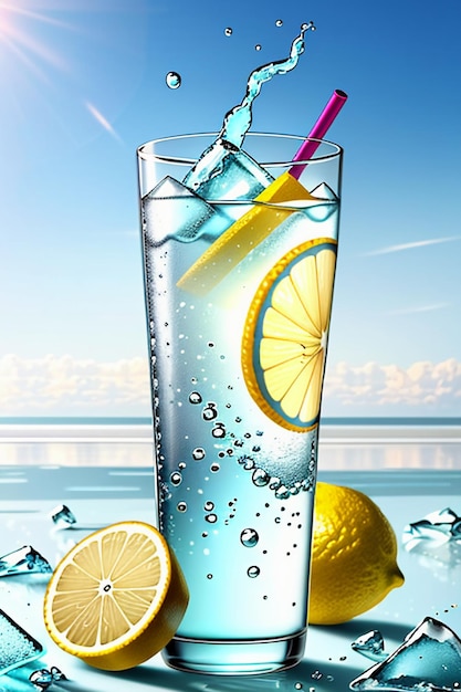 Icy lemon juice drink in glass cup advertising water drop splash special effect design wallpaper