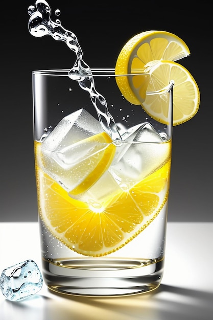 Icy lemon juice drink in glass cup advertising water drop splash special effect design wallpaper