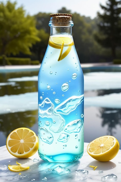 Icy lemon juice drink in glass cup advertising water drop splash special effect design wallpaper