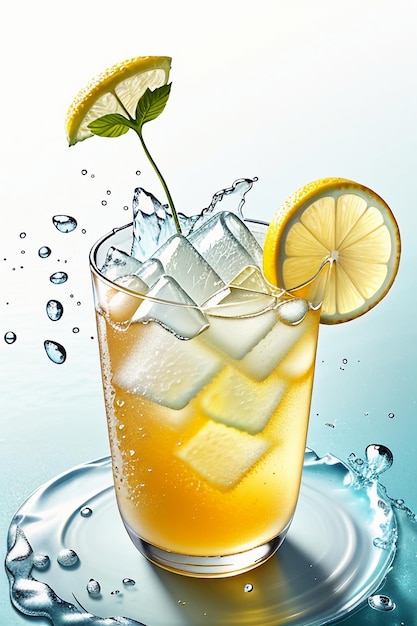 Icy lemon juice drink in glass cup advertising water drop splash special effect design wallpaper