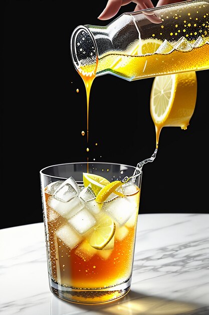 Icy lemon juice drink in glass cup advertising water drop splash special effect design wallpaper