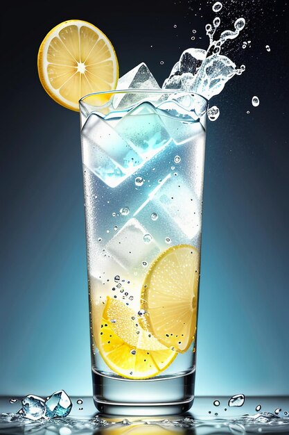 Icy lemon juice drink in glass cup advertising water drop splash special effect design wallpaper