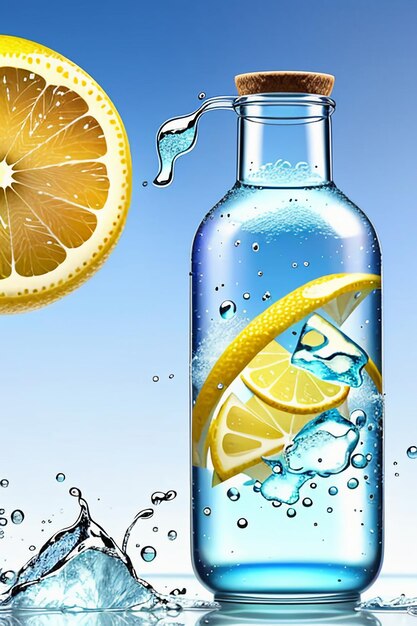 Icy lemon juice drink in glass cup advertising water drop splash special effect design wallpaper