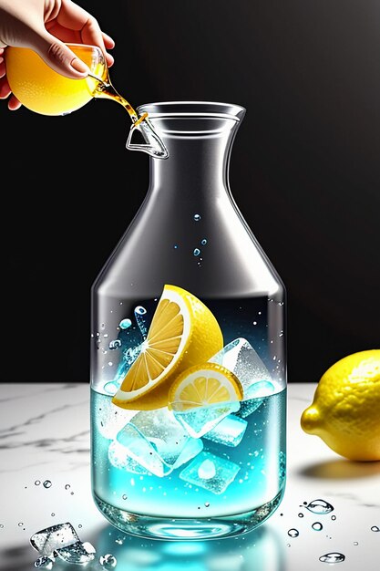 Icy lemon juice drink in glass cup advertising water drop splash special effect design wallpaper