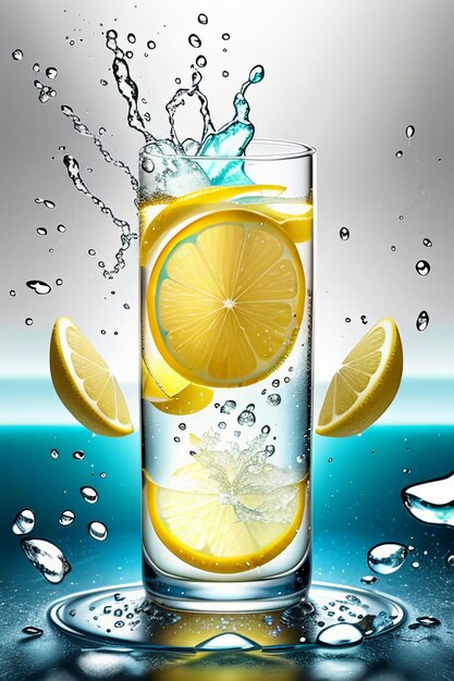 Icy lemon juice drink in glass cup advertising water drop splash special effect design wallpaper