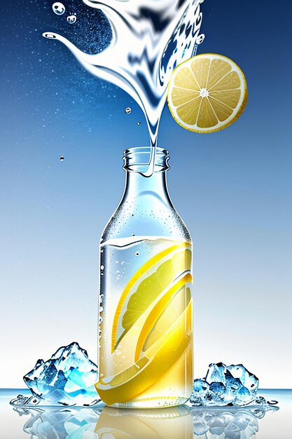 Icy lemon juice drink in glass cup advertising water drop splash special effect design wallpaper