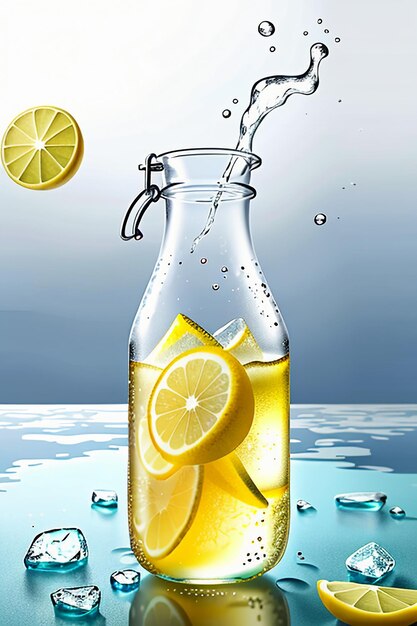 Icy lemon juice drink in glass cup advertising water drop splash special effect design wallpaper