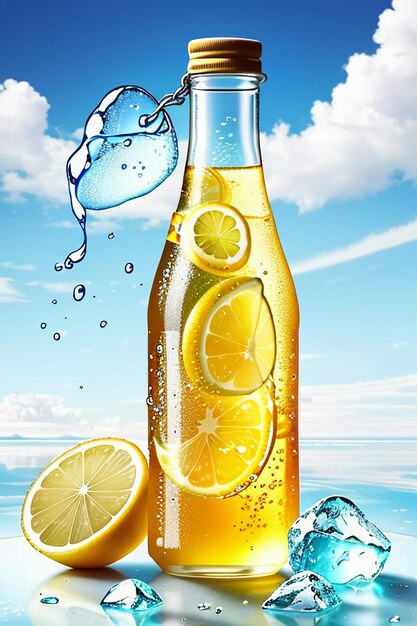 Icy lemon juice drink in glass cup advertising water drop splash special effect design wallpaper