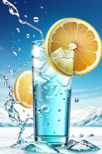 Фото Ледяной лимонный сок в стеклянной чашке, рекламные капли воды, всплеск, дизайн обоев со спецэффектом