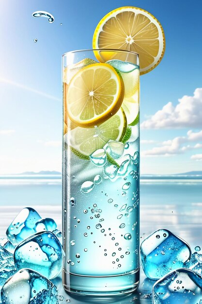 사진 유리 컵 광고 물방울 스플래시 특수 효과 디자인 벽지에 얼음 레몬 주스 음료