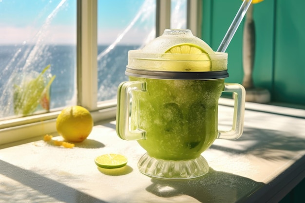 Icy margarita blender with lime and salt on a sunny day created with generative ai