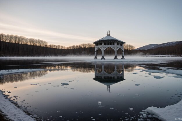 Photo an icy morning at a frozen pond