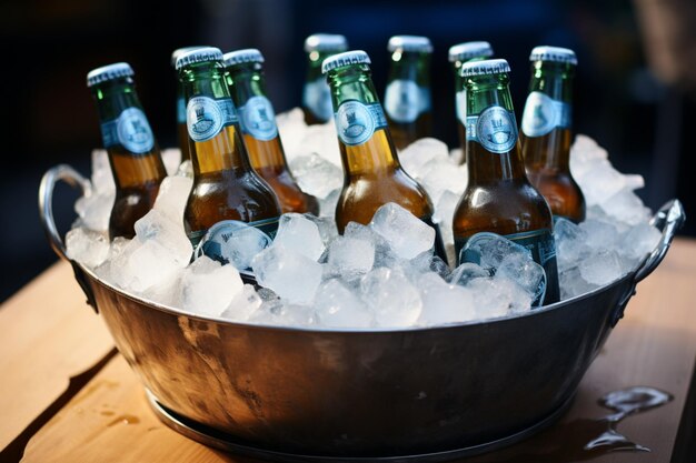 Icy pail cools beer bottles creating a refreshing and invigorating beverage experience