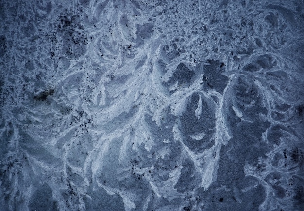 Icy pattern on frozen window. Frozen water texture.