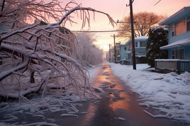 Icy pavement with fallen snowcovered branches