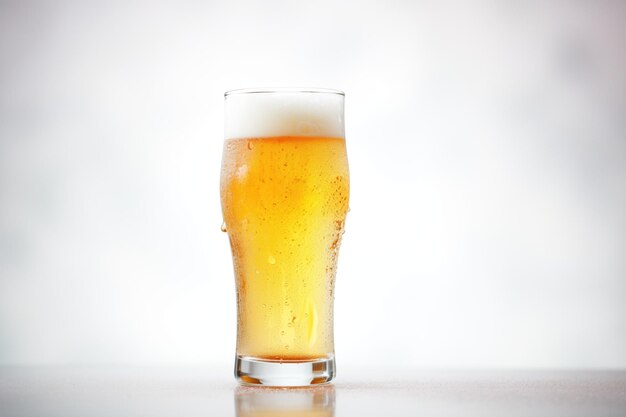 Icy pilsner glass with water droplets plain background