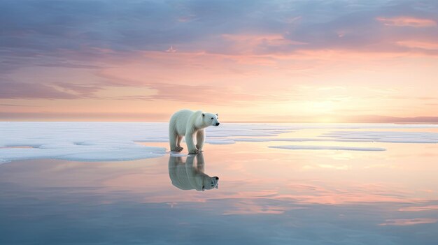 icy polar bear walking alone through water and melting ice with clean background view