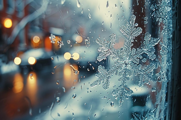 Photo icy snowflakes on a window pane