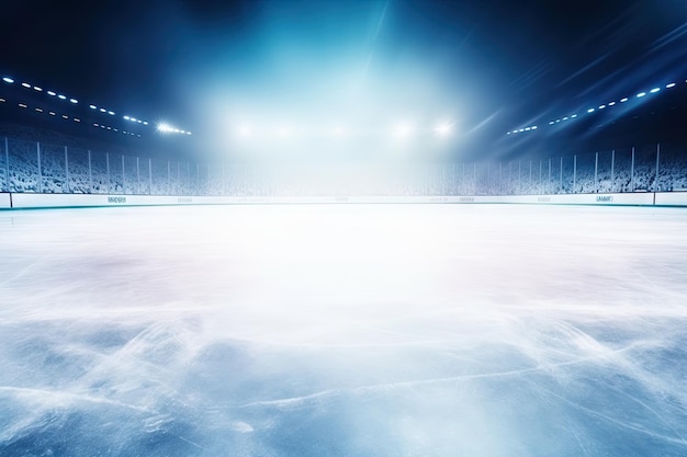 Photo icy surface of an ice hockey field glowing in winter with a hazy blue white glance