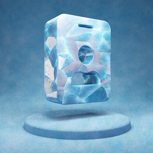 IDバッジアイコン。青い雪の表彰台にひびの入った青い氷IDバッジのシンボル。ウェブサイト、プレゼンテーション、デザインテンプレート要素のソーシャルメディアアイコン。 3Dレンダリング。