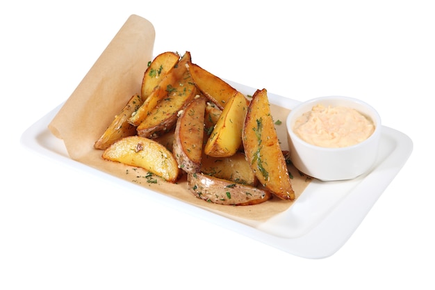 Idaho roasted potato wedges  with sauce, isolated on white background.