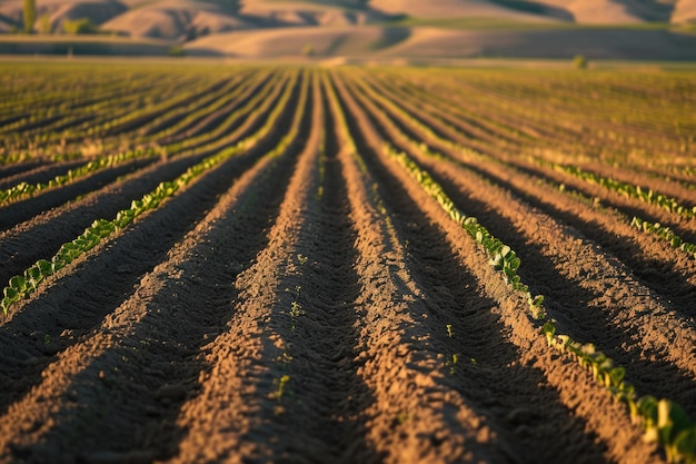 I fertili campi agricoli dell'idaho mostrano le file di patate mattutine