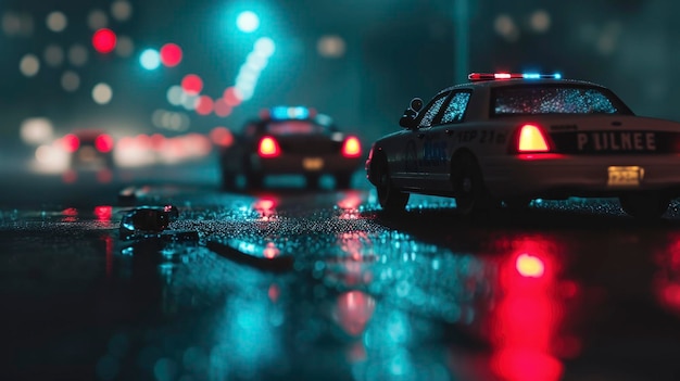 Idea for an action film on a foggy dark background police cars and a miniature movie are displayed