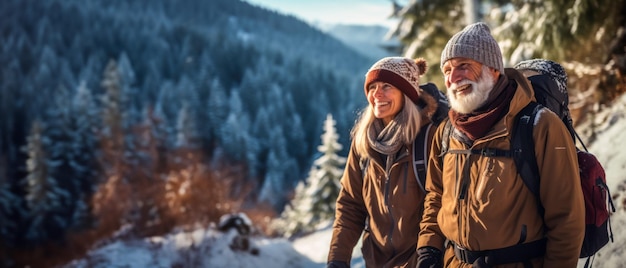 아름다운 겨울 숲 을  ⁇ 고 있는 성인 부부 와 함께 광고 나 포스터 를 위한 아이디어