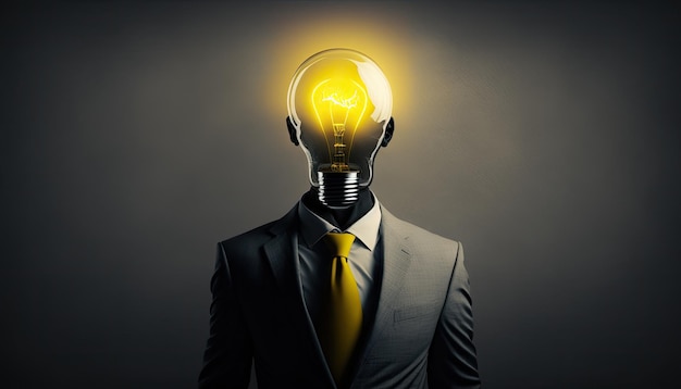 Idea businessman in suit with bright electric lamp bulb head yellow lightning employee manager