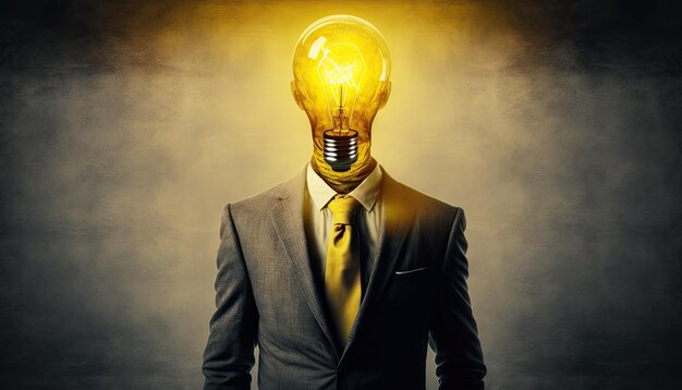 Idea businessman in suit with bright electric lamp bulb head yellow lightning employee manager