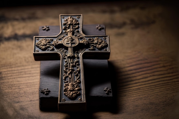 Idea of a Christian Jesus Christ black cross in close up on an ancient wooden table