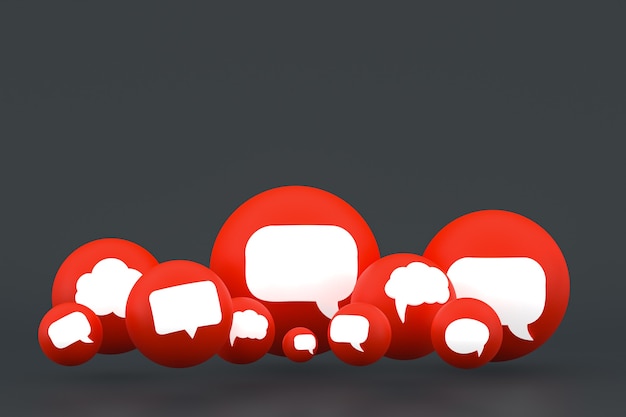 Foto idea commento o pensa reazioni emoji rendering 3d, simbolo palloncino social media con sfondo motivo icone commento