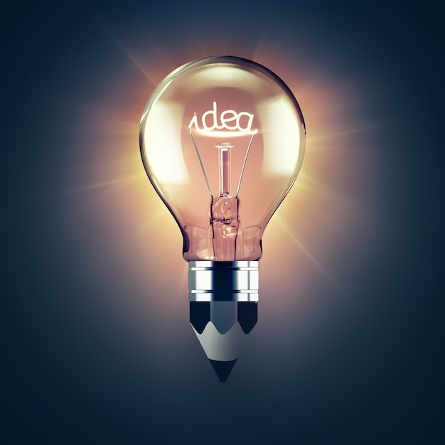 Idea concept image with a glowing light bulb and pencil